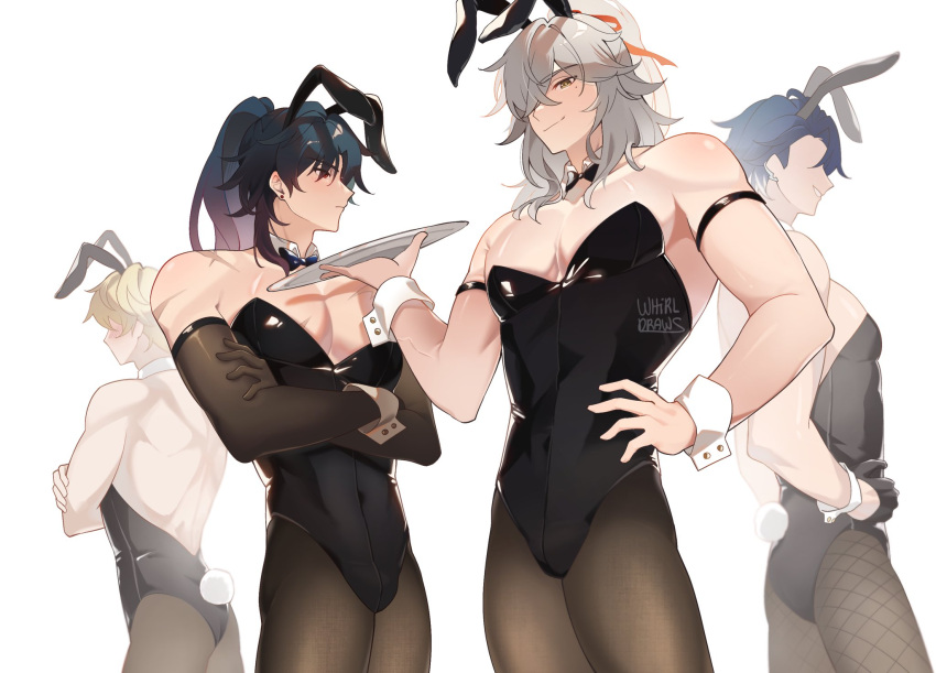 4boys animal_ears bishounen black_gloves black_hair black_leotard black_pantyhose black_sleeves blade_(honkai:_star_rail) blonde_hair blue_hair bow bowtie bulge covered_navel crossdressing dark_blue_hair detached_collar detached_sleeves fake_animal_ears fake_tail gepard_landau gloves hair_over_one_eye hair_ribbon high_ponytail highres holding holding_plate honkai:_star_rail honkai_(series) jing_yuan leotard long_hair long_sleeves looking_at_viewer looking_to_the_side male_focus male_playboy_bunny mole mole_under_eye multiple_boys pantyhose pectorals plate rabbit_boy rabbit_ears rabbit_tail red_eyes red_ribbon ribbon sampo_koski short_hair strapless strapless_leotard tail whirldraws white_hair wrist_cuffs yellow_eyes