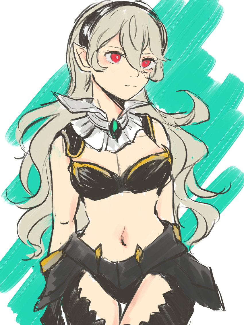 1girl alternate_costume bare_shoulders black_hairband breasts corrin_(female)_(fire_emblem) corrin_(fire_emblem) fire_emblem fire_emblem_fates hair_between_eyes hairband highres kiri_(tsuwano_010) looking_to_the_side medium_breasts navel pointy_ears red_eyes solo