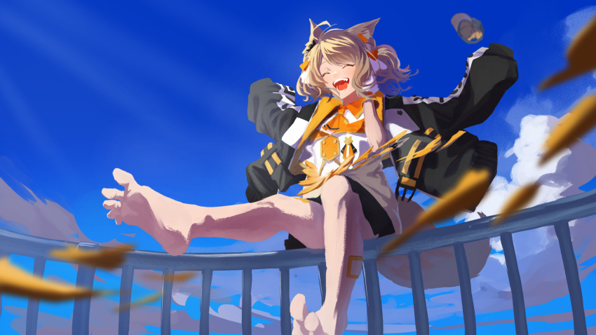 1girl ahoge animal_ear_fluff animal_ears bare_legs barefoot black_jacket blue_sky blurry brown_hair closed_eyes cloud depth_of_field facing_viewer highres jacket long_sleeves open_mouth original outdoors outstretched_arms shibainu_illust shirt short_hair sidelocks sitting sky smile soles solo teeth toes tongue very_long_sleeves white_shirt