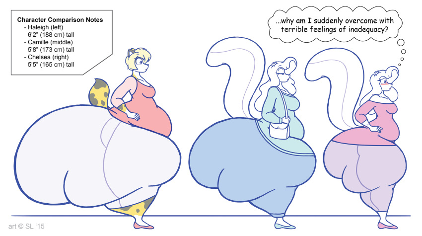 2015 anthro belly big_butt bottomwear breasts butt calico_cat camille_(satsumalord) chelsea_(satsumalord) clothing copyright_symbol domestic_cat english_text felid feline felis female footwear fur group hair haleigh_(satsumalord) hi_res huge_butt huge_thighs hyper hyper_butt hyper_thighs long_sleeve_shirt long_sleeves mammal mephitid overweight overweight_anthro overweight_female pants purse satsumalord shirt shoes skunk spots spotted_body spotted_fur symbol text thick_thighs thought_bubble topwear trio
