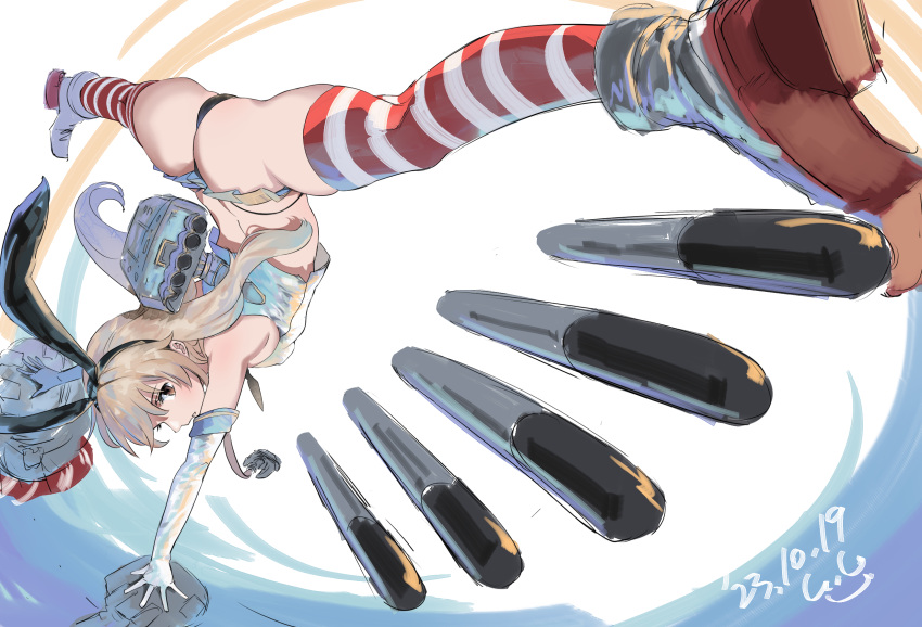 1girl adapted_turret anchor_hair_ornament ass black_neckerchief blonde_hair blush cannon crop_top dated elbow_gloves gegeron gloves hair_ornament hairband handstand highleg highleg_panties highres kantai_collection long_hair looking_at_viewer microskirt navel neckerchief one_arm_handstand panties rensouhou-chan sailor_collar school_uniform serafuku shimakaze_(kancolle) signature skirt spread_legs striped striped_thighhighs thighhighs thong underwear white_background white_gloves wide_spread_legs