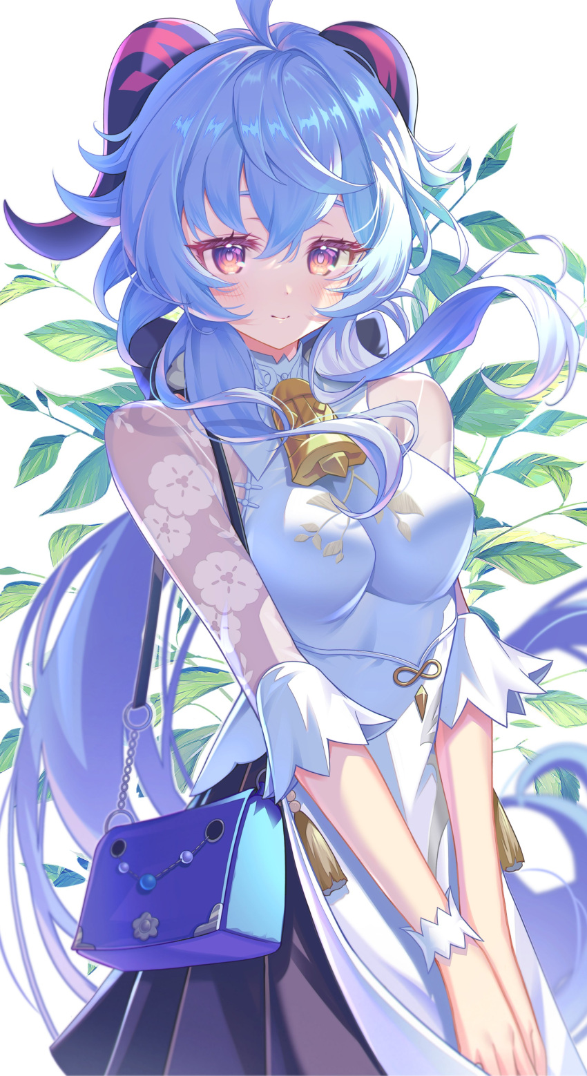 1girl absurdres ahoge bag bell black_bow black_skirt blue_bag blue_hair blush bow breasts chain closed_mouth dress eyelashes floral_print ganyu_(genshin_impact) ganyu_(heytea)_(genshin_impact) genshin_impact goat_horns hair_between_eyes hair_bow highres horns ktm leaf long_hair long_sleeves looking_at_viewer medium_breasts multicolored_eyes neck_bell official_alternate_costume orange_eyes ponytail purple_eyes see-through see-through_sleeves sidelocks single_wrist_cuff skirt smile solo standing tassel white_background white_dress wrist_cuffs