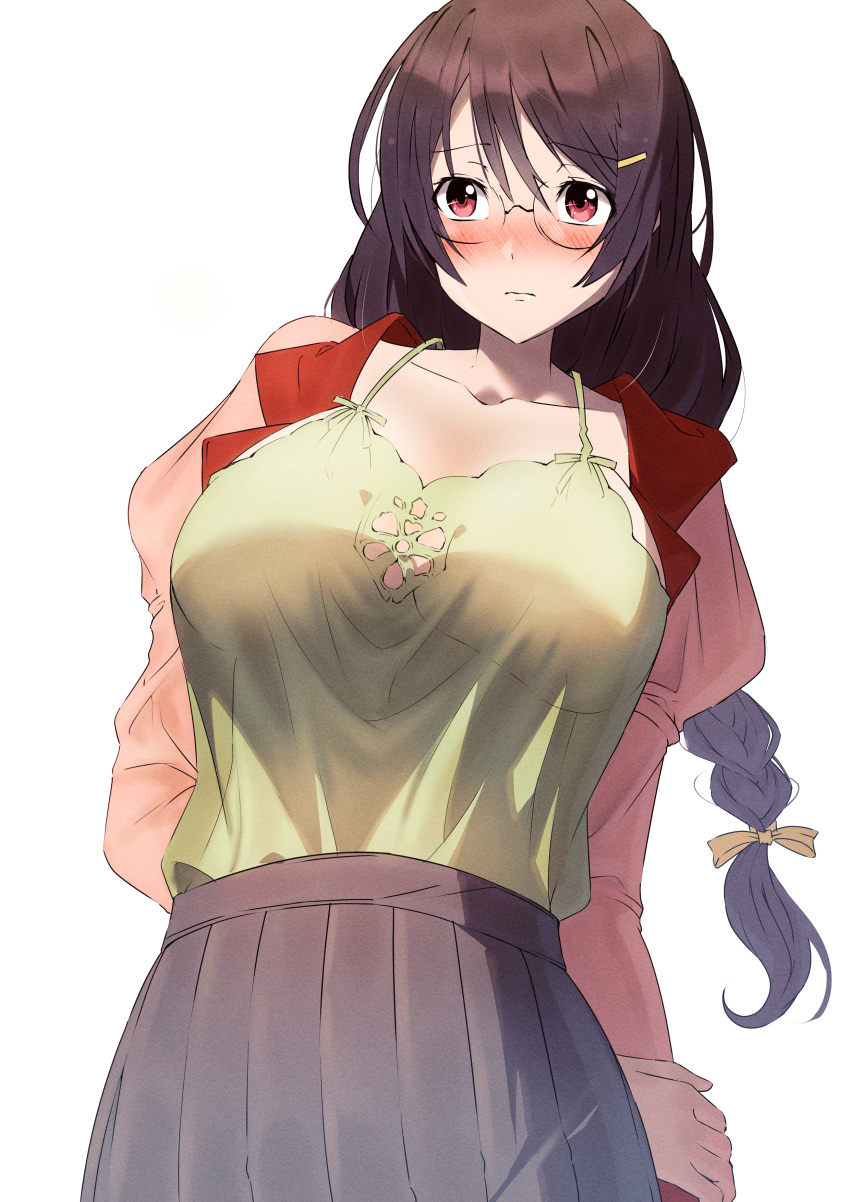 1girl absurdres arms_behind_back bakemonogatari black_hair blue_skirt blush braid breasts camisole closed_mouth collarbone cruzango0510 glasses hair_ornament hairclip hanekawa_tsubasa highres holding_own_wrist large_breasts long_hair long_sleeves monogatari_(series) naoetsu_high_school_uniform open_clothes open_shirt pleated_skirt red_eyes red_shirt round_eyewear school_uniform shirt simple_background skirt solo spaghetti_strap twin_braids white_background yellow_camisole