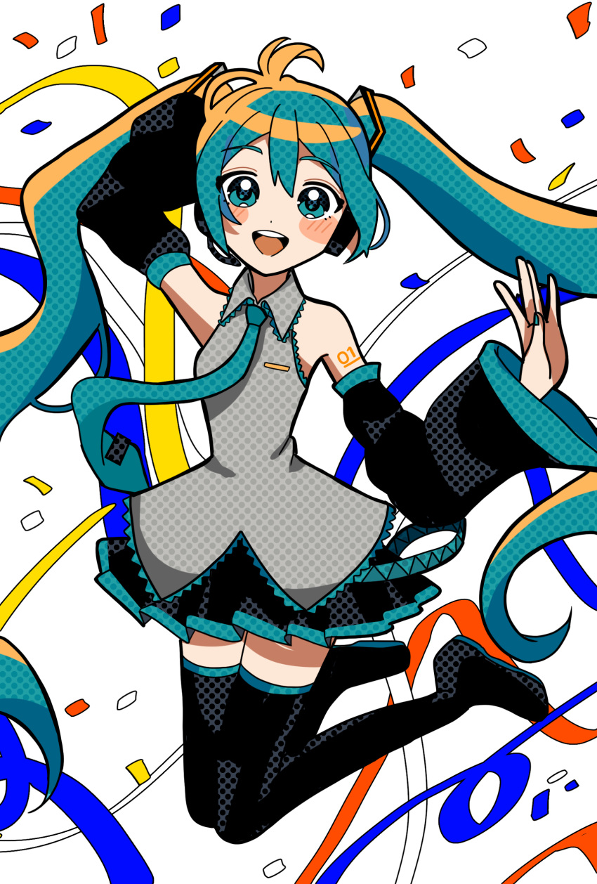 1girl absurdres aqua_eyes aqua_hair arm_behind_head bare_shoulders blue_eyes blue_hair blue_nails blush confetti detached_sleeves hair_between_eyes hair_ornament halftone hatsune_miku headphones highres jumping long_hair looking_at_viewer necktie open_mouth shirt skirt smile solo streamers sugarmonaka thighhighs twintails very_long_hair vocaloid