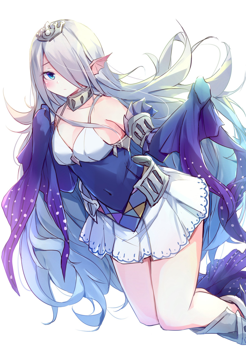 1girl absurdres arms_up blue_dress blue_eyes blush breasts closed_mouth collar covered_navel detached_sleeves dress duel_monster fins head_fins highres kanzakietc long_sleeves looking_at_viewer metal_collar skirt sleeves_past_wrists small_breasts solo tearlaments_havnis tiara white_background white_hair white_skirt yu-gi-oh!
