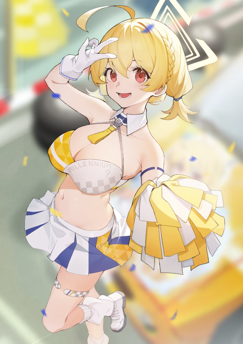 1girl ahoge arm_strap arm_up armpits bare_arms bare_shoulders blonde_hair blue_archive blurry braid breasts cheerleader cleavage covered_nipples crop_top depth_of_field gloves halo halterneck highres holding holding_pom_poms kotori_(blue_archive) kotori_(cheer_squad)_(blue_archive) large_breasts leg_up long_hair looking_at_viewer loose_socks midriff miniskirt navel official_alternate_costume open_mouth pleated_skirt pom_pom_(cheerleading) red_eyes red_plate_(kyuu45) shirt shoes skindentation skirt sleeveless sleeveless_shirt smile socks solo spaghetti_strap standing standing_on_one_leg stomach thigh_strap thighs two-tone_shirt white_footwear white_gloves white_shirt white_skirt white_socks wing_collar