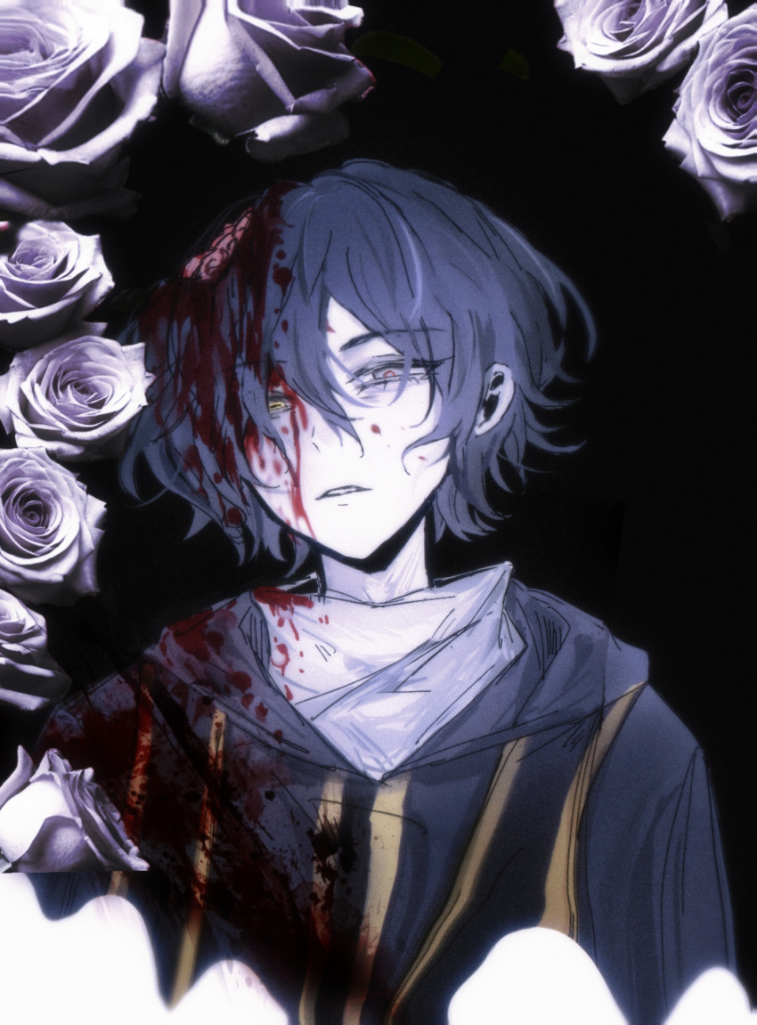 1boy beihaiseven black_hair black_robe blood blood_in_hair blood_on_clothes blood_on_face exposed_brain film_grain flower grey_eyes guro hair_between_eyes heterochromia highres hood hood_down hooded_robe horizontal_pupils male_focus mismatched_pupils parted_lips robe rose saibou_shinkyoku shirt short_hair solo stole utsugi_noriyuki white_flower white_rose white_shirt yellow_eyes