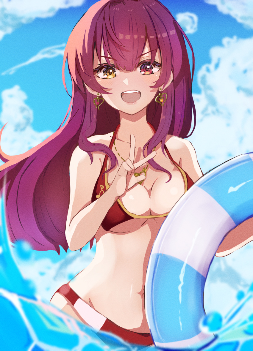 1girl absurdres arrow_through_heart bikini breasts earrings greenterumints heart heart_earrings heart_necklace heterochromia highres hololive hololive_fantasy houshou_marine houshou_marine_(4th_costume) innertube jewelry large_breasts long_hair looking_at_viewer necklace ocean official_alternate_costume official_alternate_hair_length official_alternate_hairstyle red_bikini red_eyes red_hair solo string_bikini swimsuit virtual_youtuber yellow_eyes