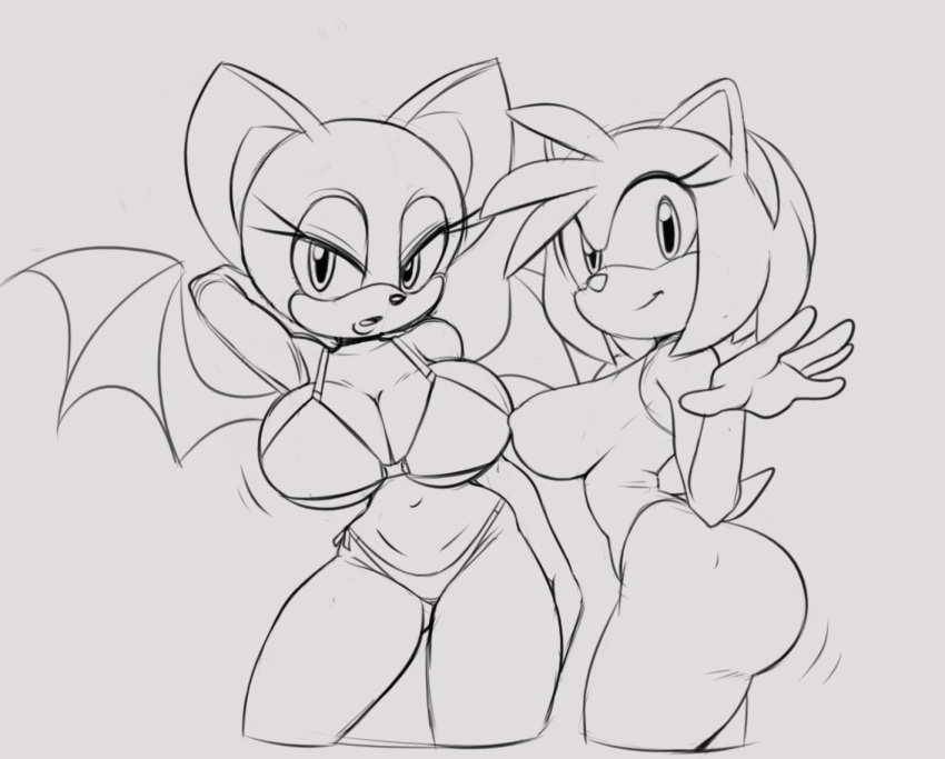 accessory amy_rose anthro bat bat_wings big_breasts big_butt big_ears big_wings bikini black_eyelashes black_eyes black_nose breasts butt cleavage closed_smile clothed clothing countershading eulipotyphlan eyelashes female glistening glistening_eyes glistening_nose hair hands_behind_head head_tuft headband hedgehog humanoid_hands mammal membrane_(anatomy) membranous_wings motion_lines mouth_closed narrowed_eyes nipple_outline one-piece_swimsuit rouge_the_bat sega short_hair side_boob small_tail small_waist smile solo sonic_the_hedgehog_(series) squidapple swimwear tail tuft wings