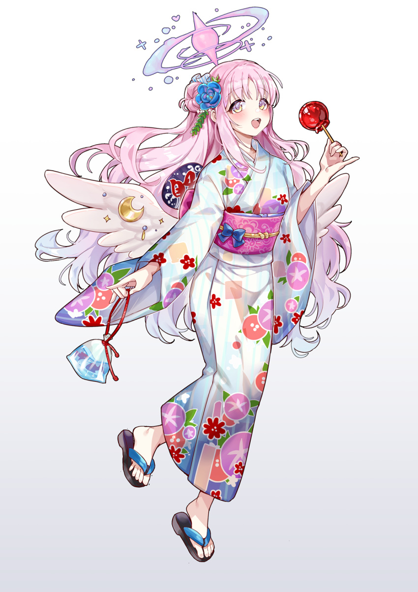 1girl bag blue_archive blue_flower candy_apple feathered_wings feet fish flip-flops flower food goldfish hair_bun hair_flower hair_ornament halo highres holding holding_bag japanese_clothes kimono long_hair long_sleeves looking_at_viewer mika_(blue_archive) open_mouth picter pink_hair plastic_bag purple_eyes sandals sash simple_background smile solo toenails toes white_background wings