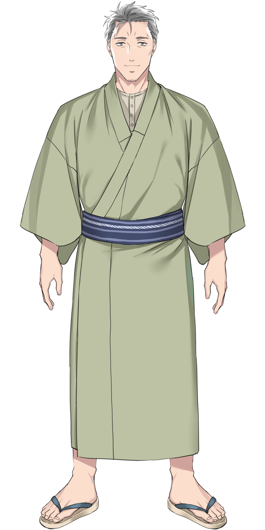 1boy absurdres blue_sash brown_footwear full_body green_kimono grey_eyes grey_hair highres japanese_clothes kimono long_sleeves looking_at_viewer maimoto_keisuke maimoto_keisuke_(1st_costume) male_focus nijisanji obi official_art otototo sandals sash second-party_source short_hair solo tachi-e transparent_background virtual_youtuber zouri