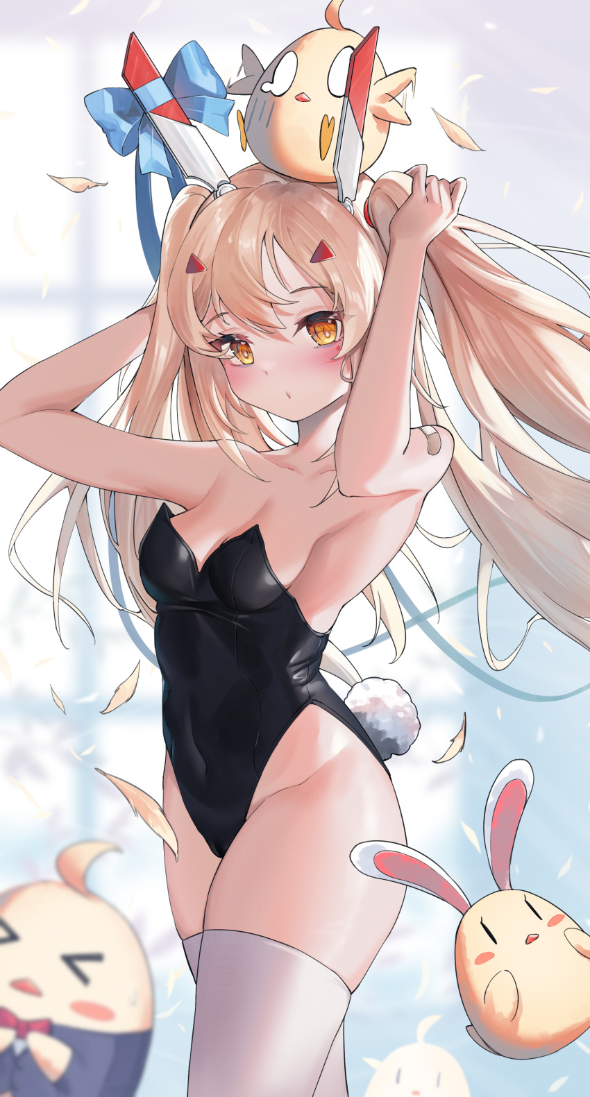 1girl absurdres alternate_costume alternate_hairstyle arms_behind_back arms_up ayanami_(azur_lane) azur_lane bandaid bandaid_on_shoulder bare_shoulders black_leotard blonde_hair blue_bow blush bow breasts cleavage covered_navel envel203 groin hair_ornament hairclip headgear highres hip_focus leotard long_hair looking_at_viewer manjuu_(azur_lane) orange_eyes rabbit_tail skin_tight skindentation small_breasts solo standing tail thighs twintails very_long_hair yellow_eyes