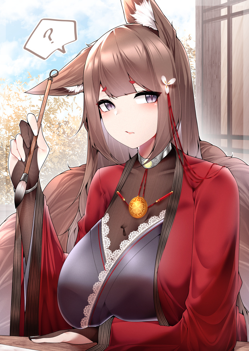 1girl ? absurdres amagi_(azur_lane) animal_ear_fluff animal_ears azur_lane bodystocking_under_clothes breasts brown_hair cleavage cloud coat collar collarbone ear_down flower fox_ears fox_girl fox_tail hair_flower hair_ornament highres holding holding_paintbrush japanese_clothes kimono kitsune large_breasts metal_collar paint_on_clothes paintbrush purple_eyes purple_kimono red_coat sakura_empire_(emblem) samip slit_pupils solo spoken_question_mark tail tree