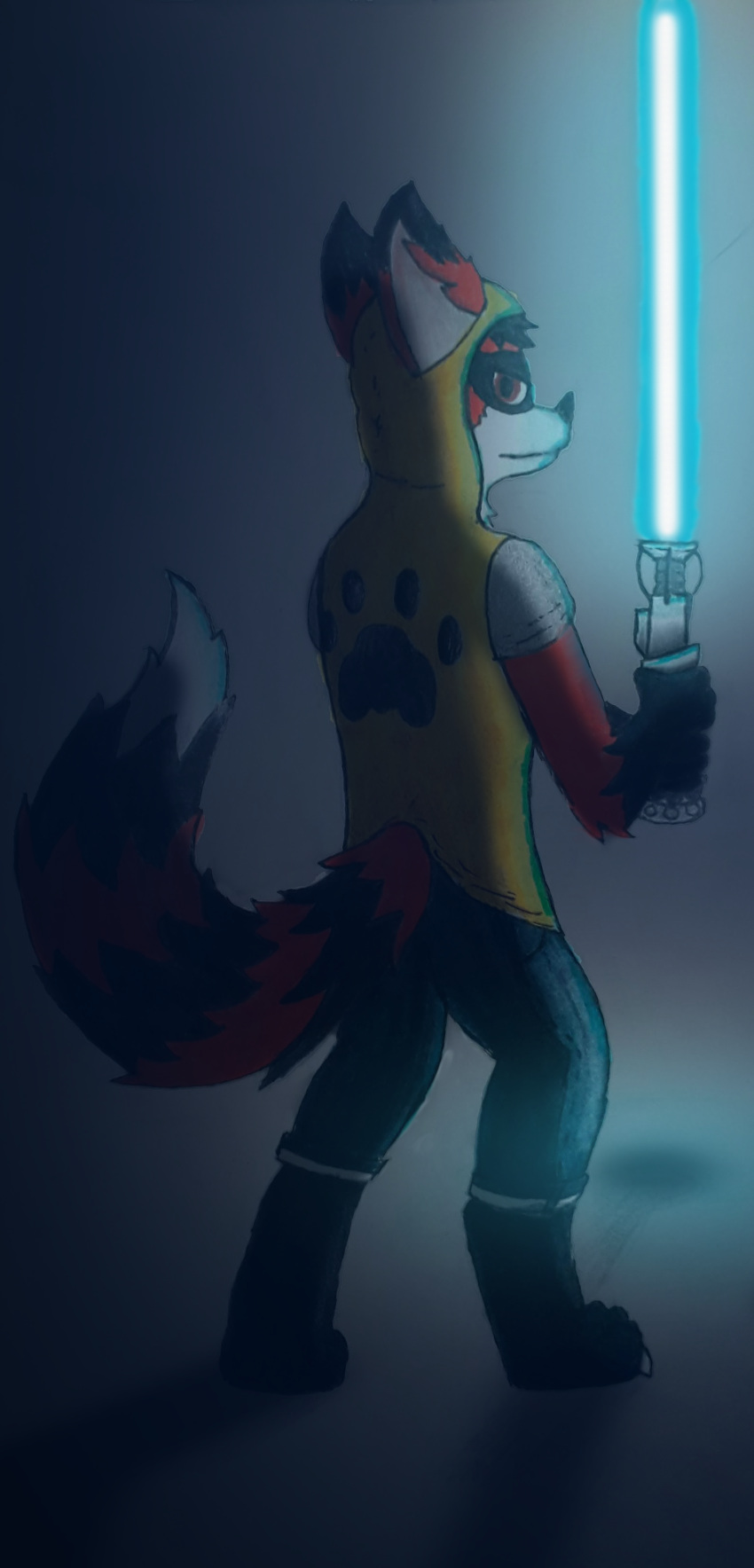 2020 absurd_res ambiguous_gender anthro blue_lightsaber canid canine clothing digitigrade foony foony_(character) fox fur grey_body grey_fur hi_res hybrid lightsaber mammal melee_weapon orange_body orange_fur procyonid raccoon solo star_wars weapon white_body white_fur