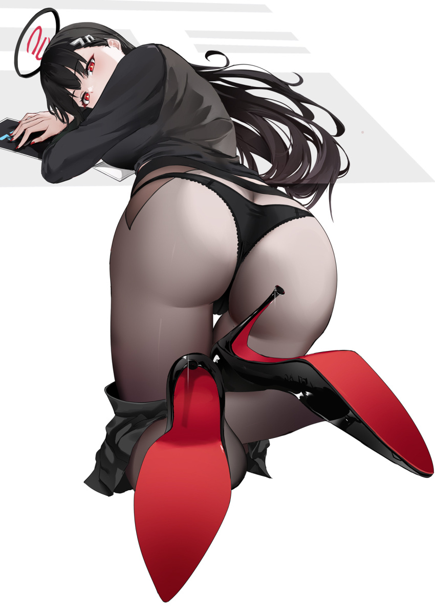 1girl ass baige0 black_footwear black_hair black_panties black_pantyhose blue_archive commentary_request from_behind halo high_heels highres long_hair long_sleeves looking_at_viewer nail_polish panties pantyhose red_eyes red_nails rio_(blue_archive) solo thighs underwear