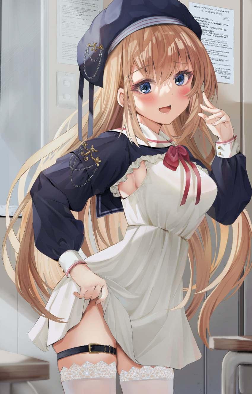 1girl blonde_hair blue_eyes blue_headwear blush bow bowtie breasts clothes_lift detached_sleeves dress dress_lift highres legwear_garter lifted_by_self long_hair long_sleeves looking_at_viewer medium_breasts open_mouth original smile solo thighhighs toratora_(nanahaba) white_dress white_thighhighs