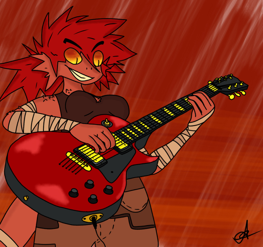 female guitar hair hi_res humanoid lucky_soft musical_instrument playing_guitar playing_music plucked_string_instrument red_hair reptile scalie solo string_instrument