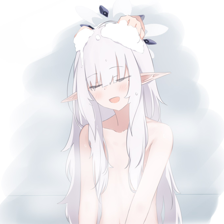 1girl blue_archive blush closed_eyes collarbone disembodied_limb flat_chest grey_hair hair_between_eyes hair_censor halo highres himari_(blue_archive) long_hair mole mole_under_eye open_mouth pointy_ears riya_(01214) soap_bubbles solo_focus upper_body washing_hair