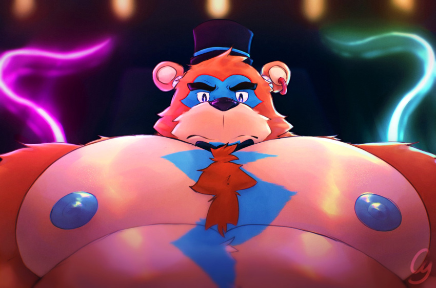 2023 animatronic anthro bear blue_nipples bodypaint bow_tie chest_markings chest_tuft clothing cyplasticc disgruntled ear_piercing ear_ring face_paint five_nights_at_freddy's five_nights_at_freddy's:_security_breach fur glamrock_freddy_(fnaf) glistening glistening_body glistening_fur hat headgear headwear hi_res looking_at_viewer low-angle_view machine male mammal markings musclegut muscular muscular_anthro muscular_male neon_lights nipples orange_body orange_fur piercing ring_piercing robot scottgames solo steel_wool_studios top_hat tuft ursine watermark