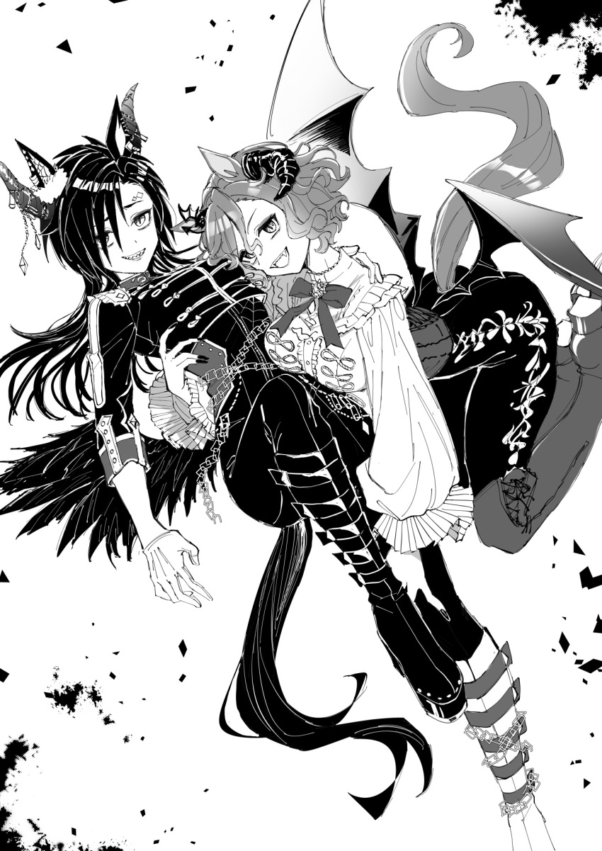 2girls air_shakur_(belphegor's_prime)_(umamusume) air_shakur_(umamusume) alternate_costume animal_ears ankle_boots arm_around_back arm_around_neck asymmetrical_bangs asymmetrical_footwear boots bow bowtie breasts center_frills chain corset eyebrow_piercing fangs frills gloves greyscale grin highres horns horse_ears horse_girl horse_tail jacket long_hair long_sleeves looking_at_viewer low_wings medium_breasts mismatched_footwear monochrome multiple_girls nayuta_ggg open_mouth pants piercing sharp_teeth shirt short_hair small_breasts smile tail tail_through_clothes tap_dance_city_(umamusume) teeth thigh_boots umamusume wings