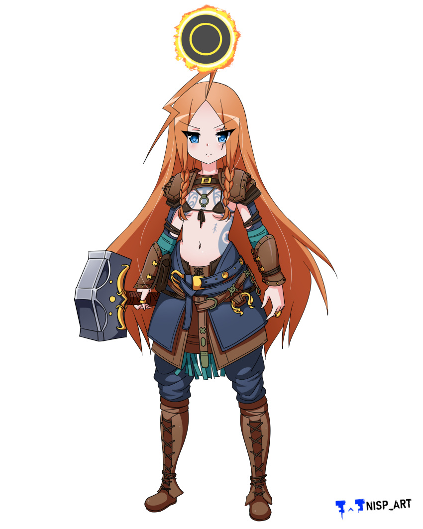 1girl absurdres age_regression aged_down ahoge amulet arm_guards armor artist_name belt bikini bikini_top_only blue_eyes blue_pants boots bracer braid breasts brown_footwear button_prompt closed_mouth clothing_cutout commission commissioner_upload front-tie_top frown full_body genderswap genderswap_(mtf) god_of_war god_of_war_ragnarok hammer highres holding holding_hammer holding_weapon huge_ahoge jewelry long_hair looking_at_viewer midriff navel nisp_art norse pants pauldrons pendant red_hair ring russian_commentary scar scar_on_face shoulder_armor shoulder_pads simple_background small_breasts solo standing stomach stomach_cutout swimsuit tattoo thor_(god_of_war) twin_braids weapon white_background