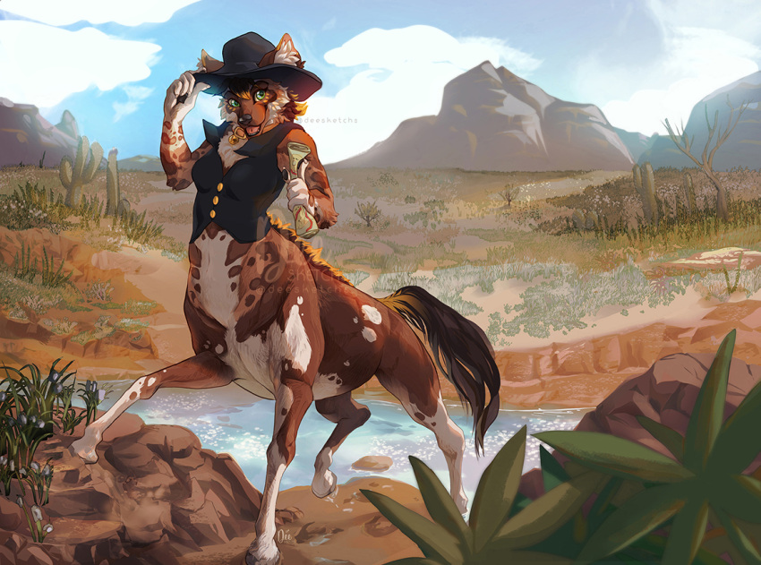 2021 5_fingers african_wild_dog back_mane black_nose bottomless bottomless_female bottomless_taur brown_body brown_fur brown_hair cactus canid canine cheek_tuft chest_tuft claws clothed clothing cloud collar creek day deesketchs detailed_background digital_media_(artwork) digital_painting_(artwork) equid equid_taur equine eyebrows eyelashes facial_tuft female finger_claws fingers fur gloves_(marking) green_eyes hair hat headgear headwear hill holding_object hooves horse inner_ear_fluff mammal mammal_taur markings multicolored_body multicolored_fur open_mouth outside plant quadruped solo split_form taur teeth tongue topwear tree tuft unguligrade vest walking watermark white_body white_claws white_finger_claws white_fur