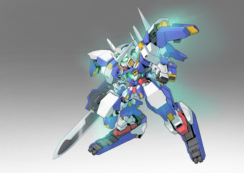 absurdres clenched_hand deformed glowing glowing_eyes gradient_background green_eyes gundam gundam_00 gundam_00v gundam_avalanche_exia gundam_exia highres holding holding_sword holding_weapon mecha mobile_suit no_humans robot science_fiction solo sword v-fin weapon zakuma