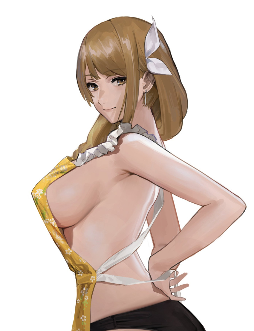 1girl apron backless_outfit black_panties braid breasts brown_hair fire_emblem fire_emblem_engage goldmary_(fire_emblem) hair_ribbon highres j@ck large_breasts long_hair looking_at_viewer naked_apron panties ribbon sideboob smile solo underwear white_ribbon