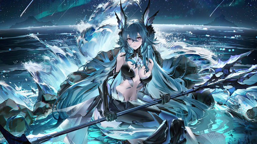 1girl absurdres adhesive_bra black_bra black_hair blue_eyes bra fins hair_between_eyes head_fins highres holding_trident lamia_(punishing:_gray_raven) long_hair mechanical_arms mechanical_tail mermaid monster_girl navel ocean punishing:_gray_raven purple_eyes ringed_eyes shell_hair_ornament sidelocks sitting solo tail underwear very_long_hair yanderenasa