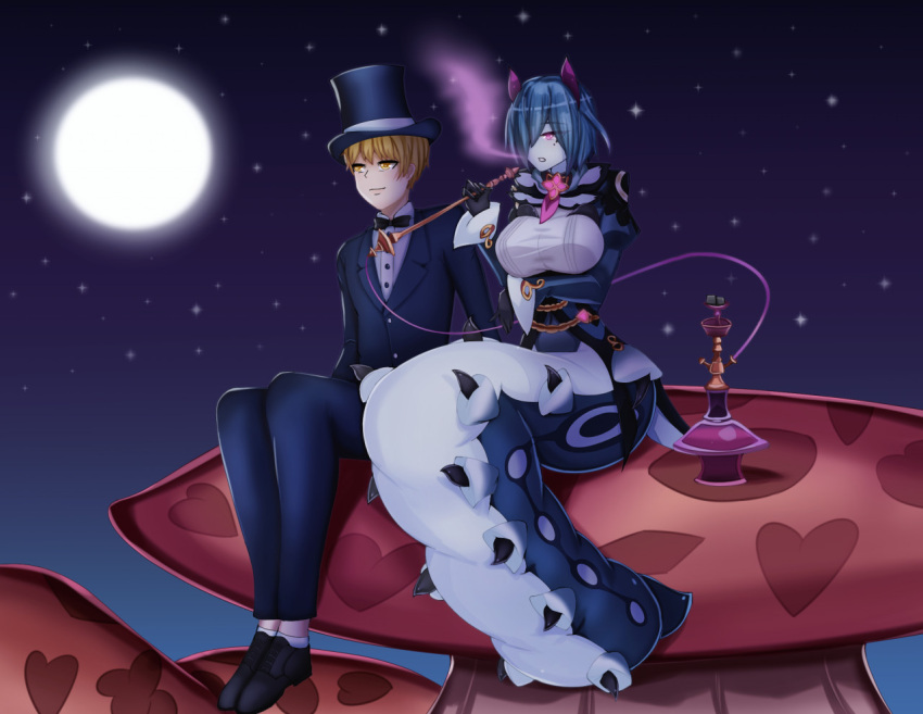 apode arm_under_breasts big_breasts black_clothing black_gloves black_handwear blonde_hair blue_body blue_hair bow_tie breasts clothed clothing draconcopode duo eyelashes female gloves hair handwear hat headgear headwear hookah horn horned_humanoid huge_breasts human humanoid legless male mammal monster_girl_(genre) monster_girl_encyclopedia moon night pink_eyes purple_horn rokkyloid serpentine sitting smoke smoke_from_mouth smoking star tan_body tan_skin top_hat white_body wide_hips wonderworm_(mge) worm_humanoid yellow_eyes