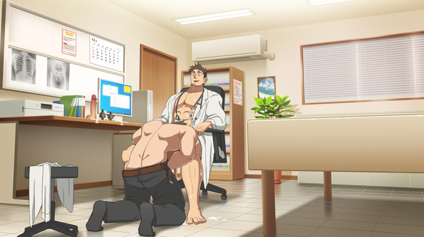2boys abs bar_censor bara black_hair blush bottomless censored chair clothes_pull coat cum cum_on_body cum_on_boy cum_on_pectorals cumdrip dildo doctor facial_hair flaccid full_body goatee implied_fellatio indoors kneeling large_pectorals male_focus male_pubic_hair mature_male multiple_boys muscular muscular_male naked_coat navel navel_hair nipples office_chair original oro9 paid_reward_available pants pants_pull pectorals pubic_hair sex_toy short_hair sideburns sitting stethoscope stomach stubble swivel_chair thick_eyebrows thick_thighs thighs x-ray yaoi