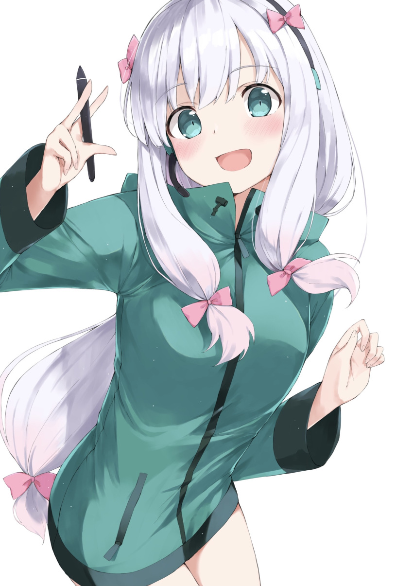 1girl :d absurdres blush bow commentary cowboy_shot earpiece eromanga_sensei eyelashes green_eyes green_jacket grey_hair hair_between_eyes hair_bow hand_up happy head_tilt highres holding holding_pen izumi_sagiri jacket long_hair long_sleeves looking_at_viewer low-tied_long_hair open_mouth pen pink_bow sidelocks smile solo standing straight_hair very_long_hair yanagi_marie