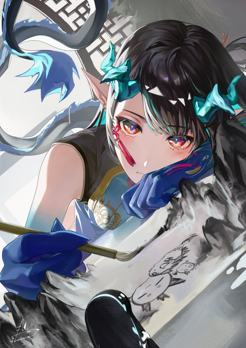 1girl 1other arknights artist_name black_hair blue_hair blue_skin blush bounsies china_dress chinese_clothes colored_skin commentary concentrating doctor_(arknights) dragon_girl dragon_horns dragon_tail dress dusk_(arknights) dusk_(everything_is_a_miracle)_(arknights) earrings fiery_tail flame-tipped_tail gradient_skin green_horns highres holding holding_paintbrush horns jewelry looking_at_viewer lying multicolored_hair official_alternate_costume on_floor on_side paintbrush painting_(action) pointy_ears red_eyeliner red_eyes sleeveless sleeveless_dress streaked_hair tail tassel tassel_earrings