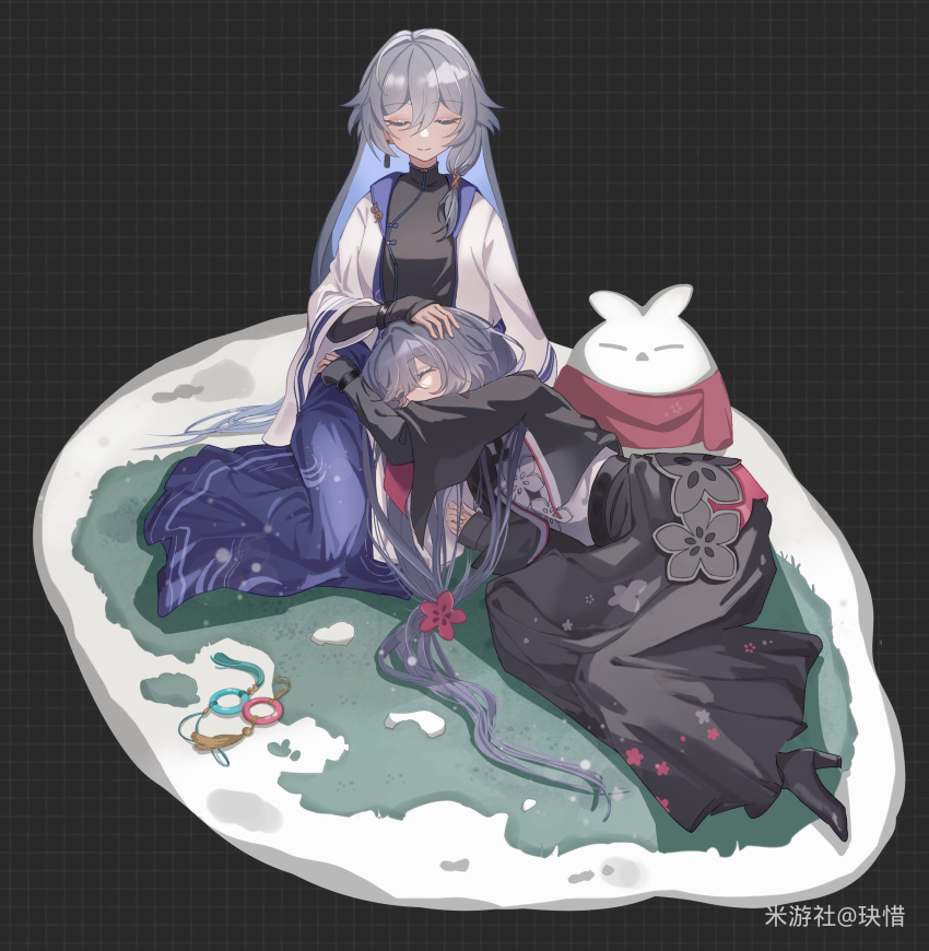 absurdres black_dress blue_hair china_dress chinese_clothes closed_mouth dress fu_hua fu_hua_(herrscher_of_sentience) grey_hair hair_between_eyes highres honkai_(series) honkai_impact_3rd jingwei_(bird) jue_xi long_hair sleeping