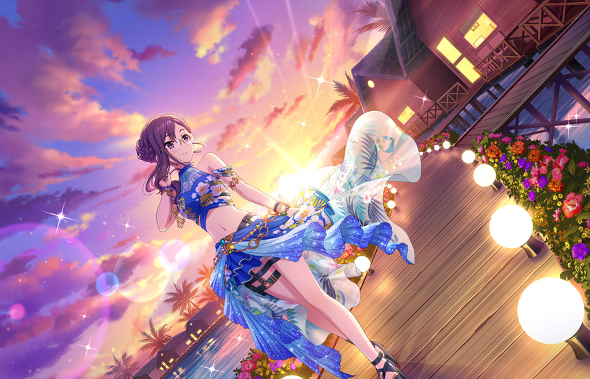 1girl armlet bare_shoulders black_footwear blue_shirt blue_skirt blue_sky bracelet braid breasts brown_eyes crop_top dutch_angle floral_print frilled_skirt frills full_body game_cg glasses gold_trim gradient_sky hand_up idolmaster idolmaster_cinderella_girls idolmaster_cinderella_girls_starlight_stage jewelry legs lens_flare long_hair looking_to_the_side midriff navel official_art outdoors parted_bangs pier purple_hair purple_sky sandals shirt skirt sky solo sparkle standing sunset thigh_strap yagami_makino yellow_sky