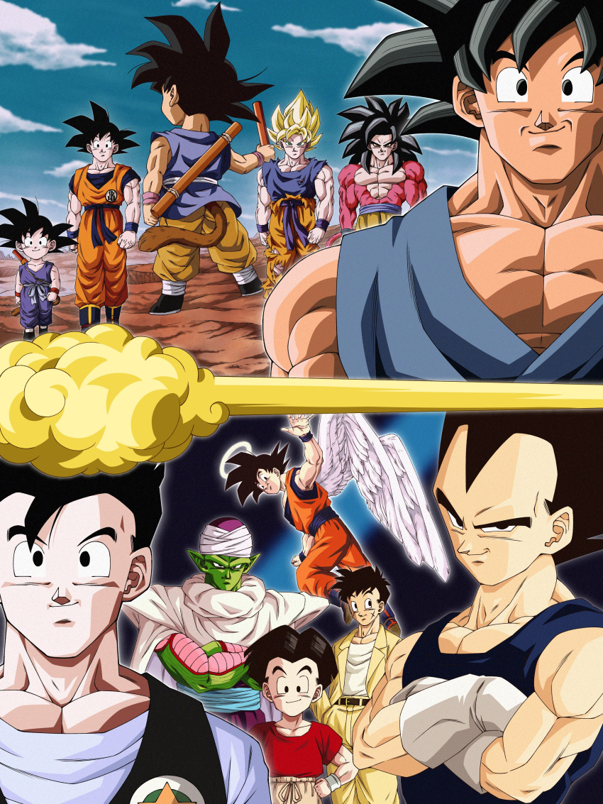 absurdres black_hair blonde_hair dougi dragon_ball dragon_ball_(classic) dragon_ball_gt dragon_ball_z dragon_ball_z_dokkan_battle flying_nimbus gloves highres kuririn looking_at_viewer male_focus monkey_boy monkey_tail multiple_boys muscular muscular_male pants piccolo shirt smile son_gohan son_goku spiked_hair super_saiyan super_saiyan_4 tail tan vegeta wai_(y48754085) white_gloves yamcha