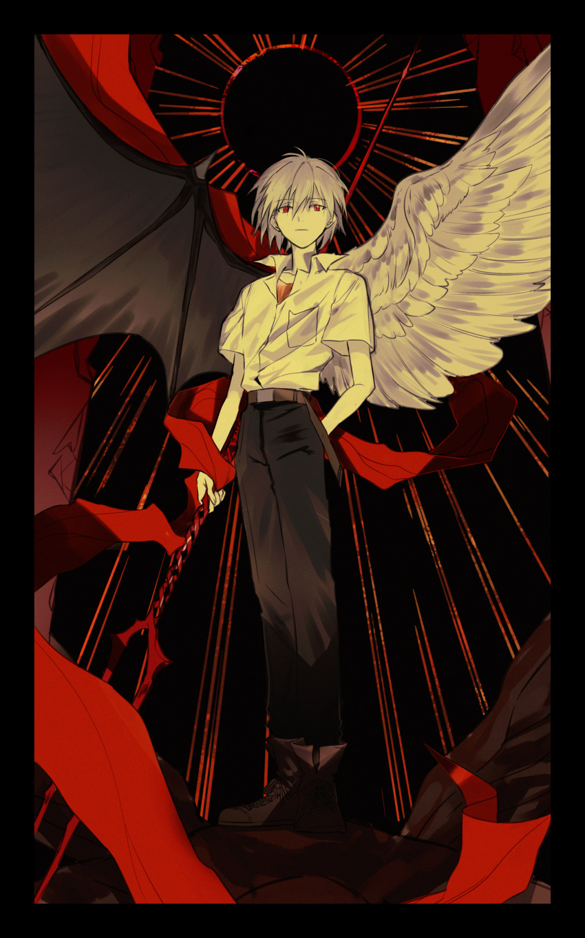 1boy absurdres angel_wings arm_behind_back belt black_background black_border black_pants border brown_belt closed_mouth collared_shirt demon_wings feathered_wings full_body grey_hair highres holding holding_weapon kaminari_s looking_at_viewer male_focus multicolored_background nagisa_kaworu neon_genesis_evangelion pants red_background red_eyes red_ribbon red_shirt ribbon shirt short_hair short_sleeves solo weapon white_shirt wings