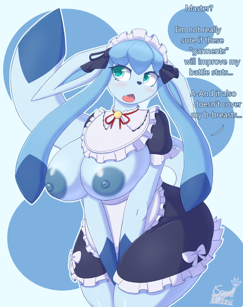 absurd_res anthro big_breasts blue_eyes blue_hair blush breasts clothed clothing dialogue eeveelution embarrassed female generation_4_pokemon glaceon hair hi_res long_ears maid_apron maid_headdress maid_uniform nintendo open_mouth pokemon pokemon_(species) snackbunnii solo standing topless uniform wide_hips