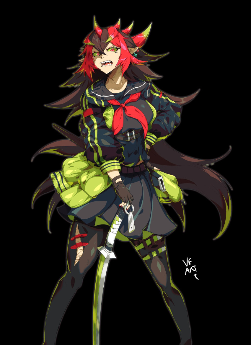 1girl artist_name breasts colored_sclera colored_tips delinquent duel_monster ear_piercing green_sclera highres holding holding_sword holding_weapon horns jacket large_breasts multicolored_hair piercing pointy_ears red_eyes red_hair school_uniform sharp_teeth short_hair skirt solo sukeban sword teeth thighhighs torn_clothes torn_thighhighs very_short_hair vincent_graphic_art weapon you're_finished_(yu-gi-oh!) yu-gi-oh!