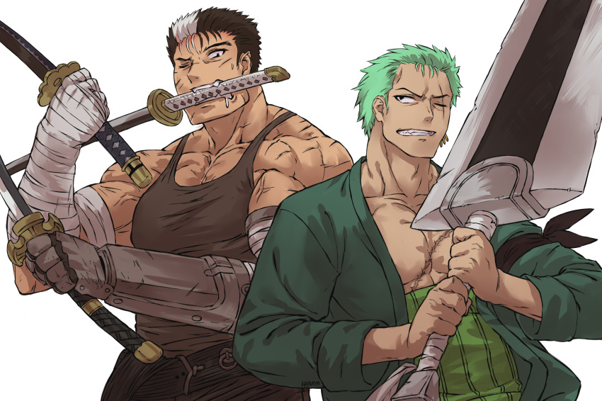 2boys bandaged_arm bandaged_hand bandages berserk clenched_teeth collarbone crossover dual_wielding earrings green_hair guts_(berserk) haraya_manawari highres holding holding_sword holding_weapon huge_weapon japanese_clothes jewelry katana mechanical_arms mouth_hold multicolored_hair multiple_boys muscular one_eye_closed one_piece open_mouth prosthesis roronoa_zoro scar scar_across_eye shirt short_hair simple_background single_earring single_mechanical_arm sleeveless sleeveless_shirt sword tank_top teeth two-tone_hair weapon weapon_in_mouth white_background