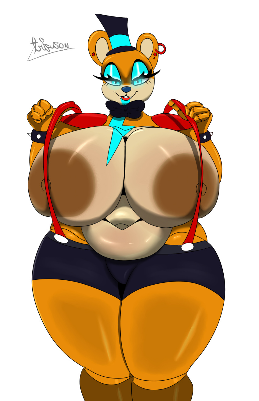 absurd_res animatronic anthro areola bear big_breasts blue_eyes blue_eyeshadow blue_lipstick bottomwear bow_tie bracelet breasts brown_areola brown_body brown_nipples clothed clothing crossgender ear_piercing ear_ring eyelashes eyeshadow female five_nights_at_freddy's five_nights_at_freddy's:_security_breach glamrock_freddy_(fnaf) glowing glowing_eyes hat headgear headwear hi_res huge_breasts jewelry lipstick looking_at_viewer machine makeup mammal narrowed_eyes navel nipples open_mouth overweight overweight_female piercing purple_bottomwear purple_clothing purple_shorts ring_piercing robot scottgames shorts shoulder_pads simple_background solo spiked_bracelet spikes steel_wool_studios suspenders tan_body thick_thighs top_hat topless trifuson white_background wide_hips