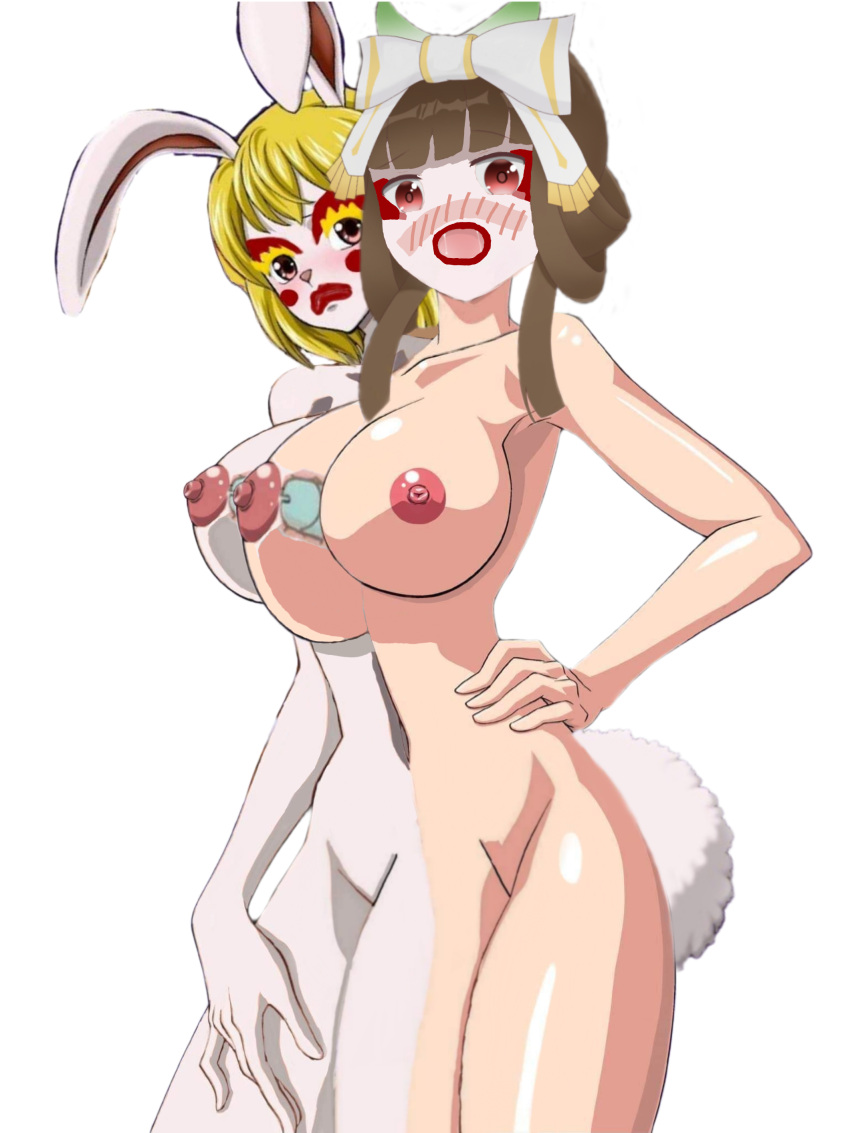 absurdres ahegao animal_ears bow bowtie carrot carrot_(one_piece) chang'e completely_nude conjoined fusion geisha highres makeup mobile_legends:_bang_bang non-web_source nude rabbit_ears rabbit_tail tail