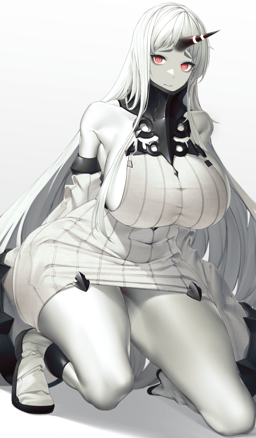 1girl absurdres abyssal_ship bad_anatomy bare_shoulders black_horns breasts closed_mouth colored_skin detached_sleeves full_body highres horns kantai_collection large_breasts long_hair mokuren_(mozukukirai88) red_eyes seaport_princess shoes sideboob simple_background single_horn solo white_background white_footwear white_hair white_skin