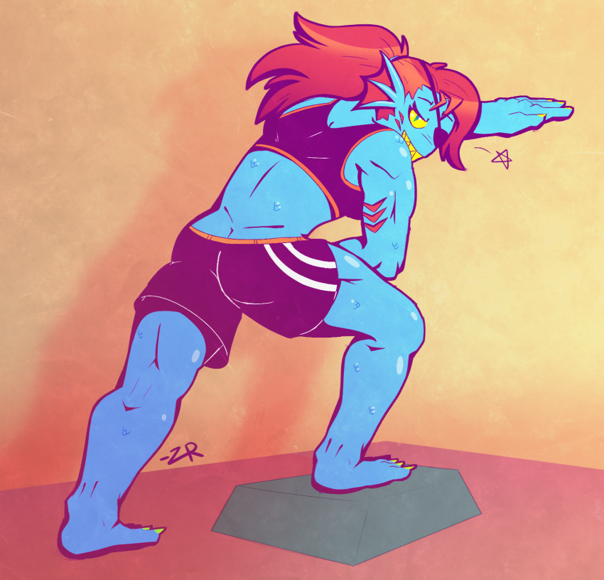 anthro athletic bra butt clothing exercise_clothing eye_patch eyewear female fish hair hi_res marine red_hair solo sports_bra stretching undertale undertale_(series) underwear undyne zixzs-redlight