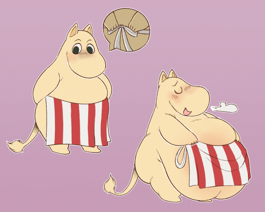 anthro apron apron_only belly big_belly blush breath clothing eyes_closed female mammal moomin moominmamma mostly_nude obese obese_anthro obese_female open_mouth overweight overweight_anthro overweight_female pastelgeneticist relieved simple_background solo the_moomins undressing