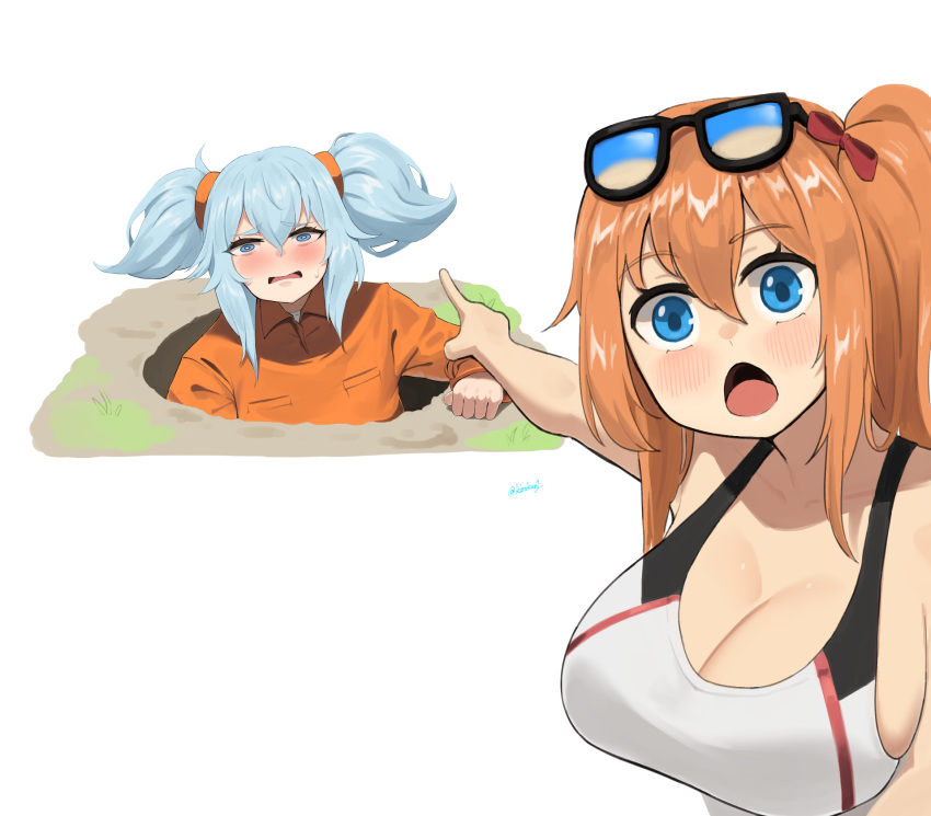 2girls blue_eyes blue_hair blush breasts cleavage collarbone collared_shirt english_commentary eyewear_on_head girls'_frontline glasses hair_between_eyes highres kalina_(girls'_frontline) kion-kun large_breasts long_bangs long_hair long_sleeves looking_at_viewer meme multiple_girls open_mouth orange_hair orange_shirt pa-15_(girls'_frontline) pointing pointing_at_another ponytail shirt side_ponytail simple_background tank_top twintails twitter_username two_soyjaks_pointing_(meme) white_background
