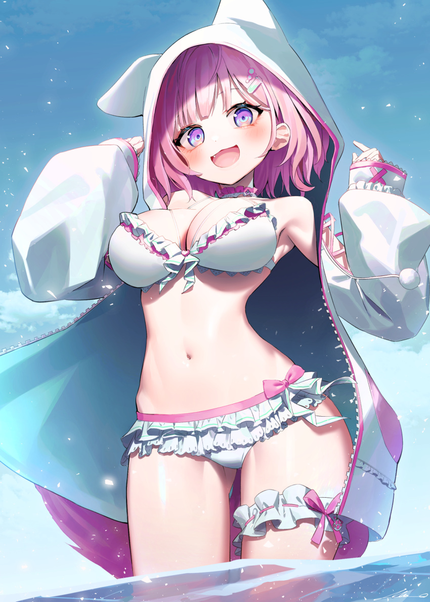 1girl :d animal_hood bare_shoulders bikini blue_sky blush breasts bridal_garter cleavage commentary_request cowboy_shot day fang frilled_bikini frills hair_ornament hairclip hakui_koyori hands_up highres hololive hood hood_up hooded_jacket jacket large_breasts long_sleeves looking_at_viewer medium_hair navel neck_garter open_clothes open_jacket open_mouth outdoors overlord_(overlord80000) pink_hair purple_eyes sky sleeves_past_wrists smile solo standing stomach swimsuit tongue virtual_youtuber wading white_bikini