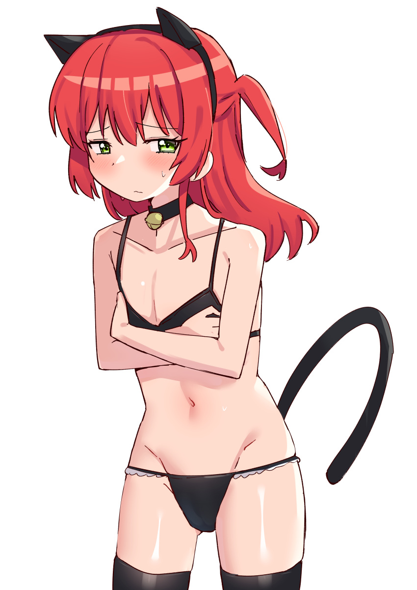 1girl absurdres animal_ears ao_(flowerclasse) ass_visible_through_thighs bare_arms bare_shoulders bell bikini black_bikini black_choker black_hairband black_thighhighs blush bocchi_the_rock! cat_ears cat_tail choker closed_mouth collarbone commentary_request covering covering_chest crossed_arms fake_animal_ears green_eyes groin hair_between_eyes hairband highres jingle_bell kita_ikuyo long_hair navel neck_bell one_side_up red_eyes simple_background solo standing sweat swimsuit tail thighhighs white_background