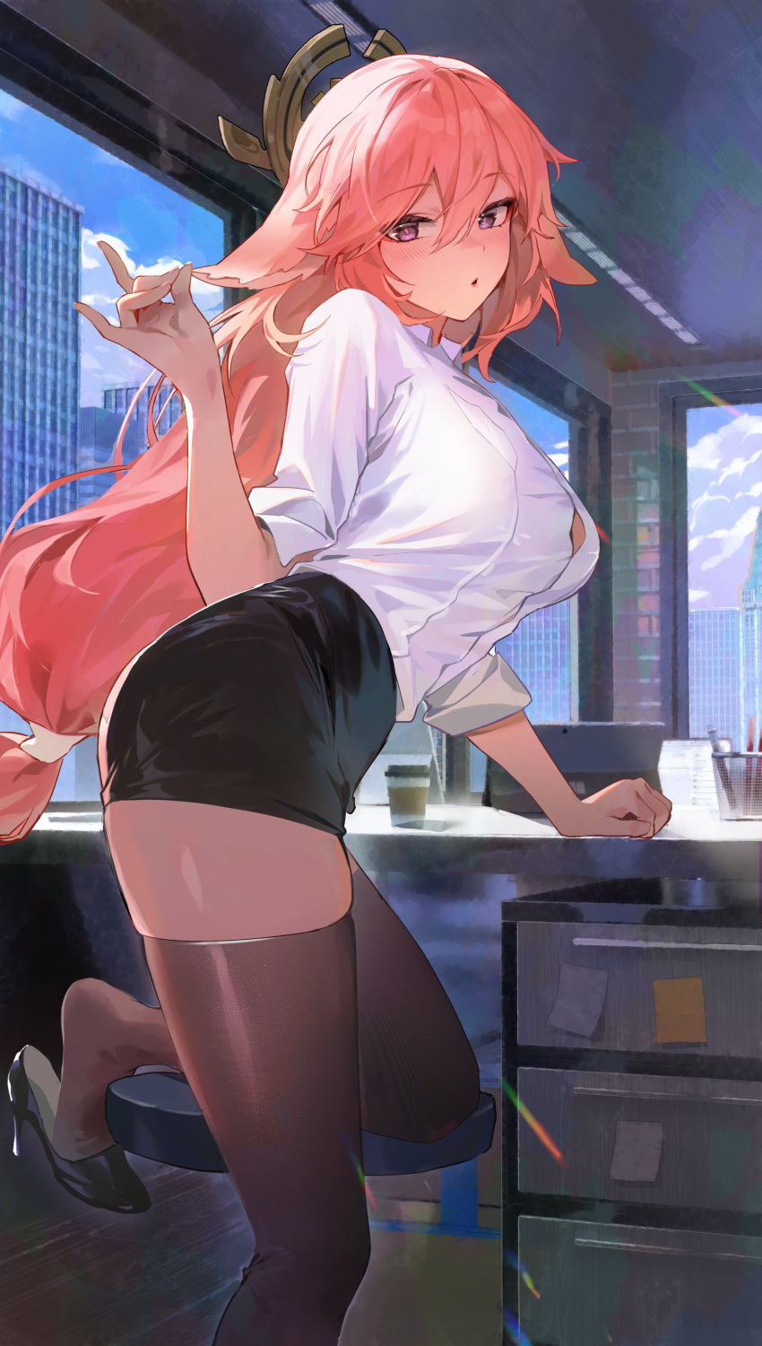 1girl absurdres animal_ears arm_support ass black_footwear black_skirt black_thighhighs blue_sky blush breasts building calculator chair cloud coffee_cup cup desk disposable_cup floor from_side genshin_impact hair_between_eyes hair_ornament high_heels highres indoors kawa683 large_breasts leg_support long_hair looking_at_viewer monitor parted_lips pen pencil_skirt pink_hair purple_eyes shirt short_sleeves skirt sky solo thighhighs vision_(genshin_impact) white_shirt window yae_miko