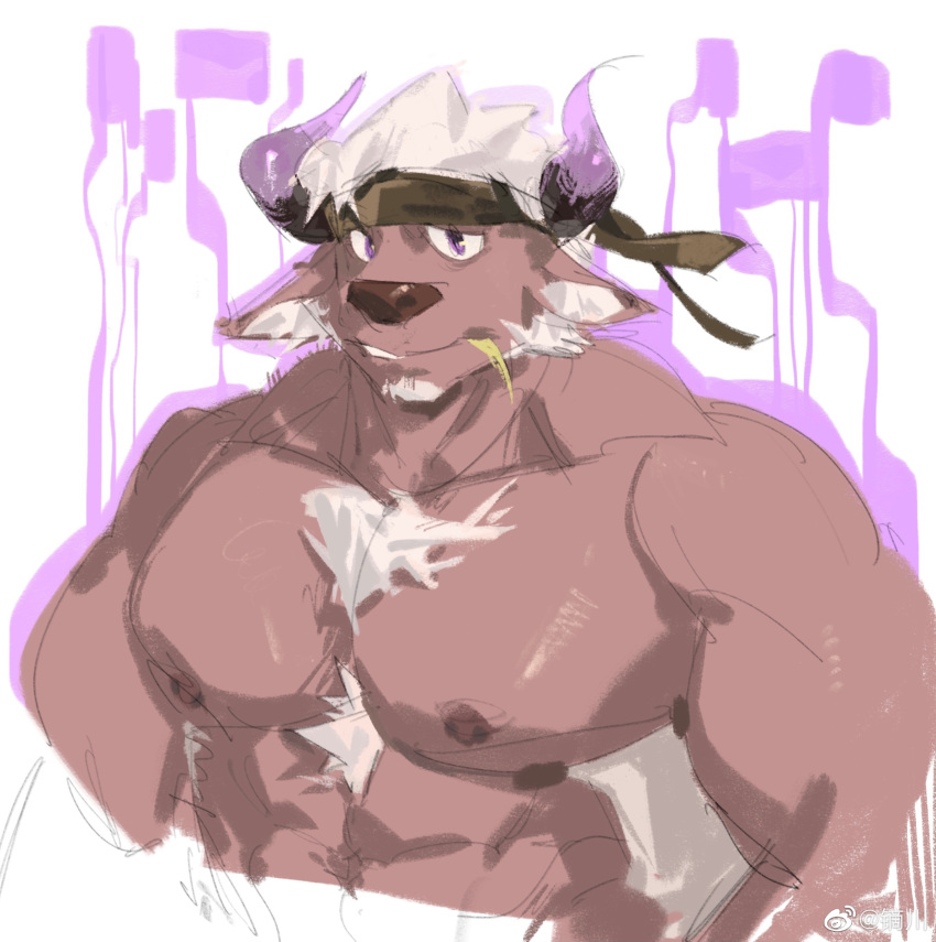 1boy abs animal_ears bara brown_fur camouflage camouflage_headwear chest_hair cow_ears cow_horns cropped_torso dichuan_(arriverw) furry furry_male headband highres horns large_pectorals looking_at_viewer male_focus mature_male minotaur muscular muscular_male nipples nude pectorals purple_eyes purple_horns sanpaku shennong_(housamo) short_hair solo strongman_waist thick_eyebrows tokyo_afterschool_summoners